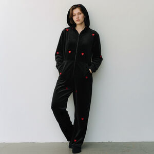 M/L Victoria’s Secret PINK Onesie Black Hearts Print Pajama PJs Hood Pockets